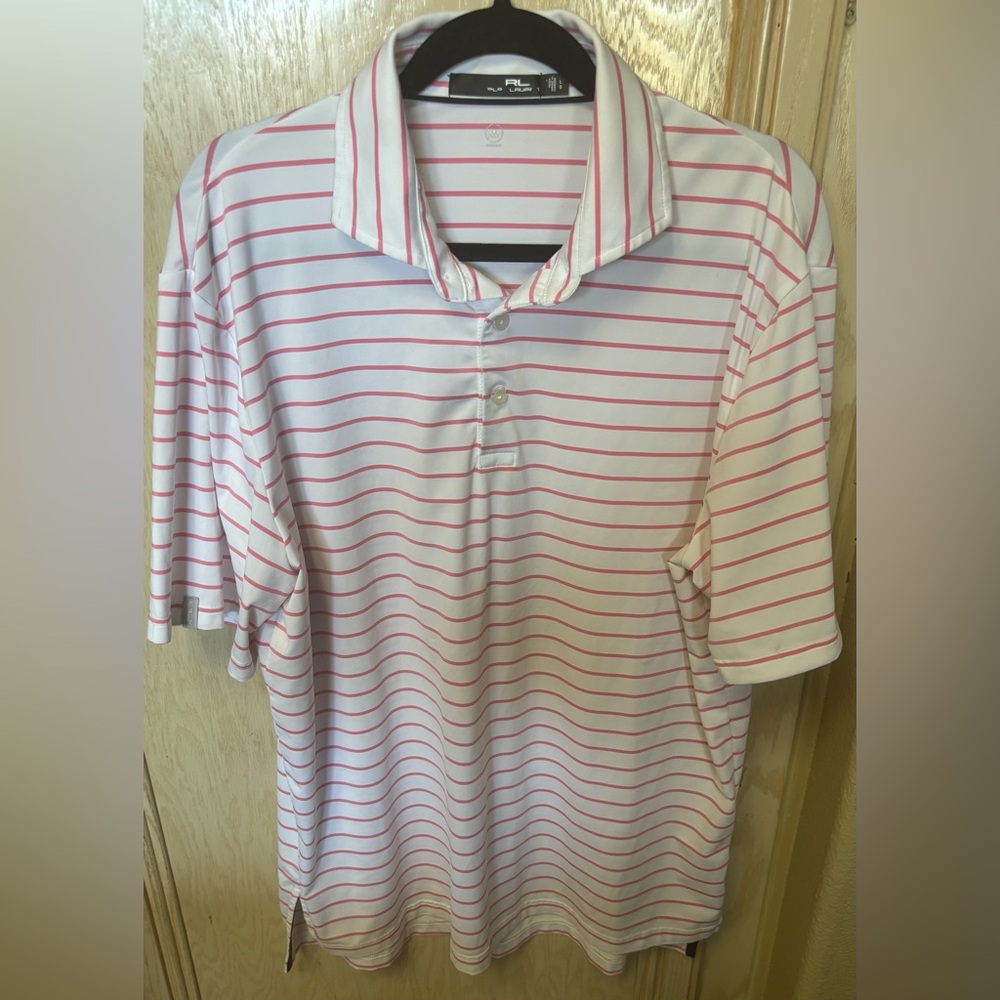 RLX Ralph Lauren Polo Shirt Men Sz L White Pink Stripe Short Sleeve Wicking READ